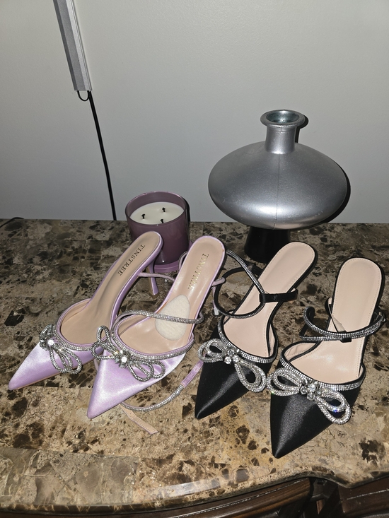 Shoes - Elegant Rhinestone Bow Pointed-Toe Mule - Pink and Black